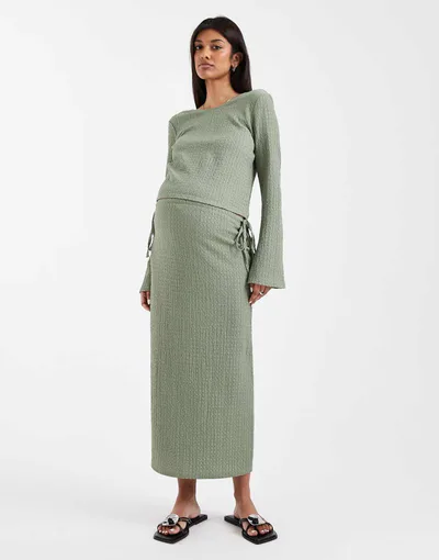 ASOS Mamalicious Maternity textured jersey tie waist midi skirt in khaki green - part of a set