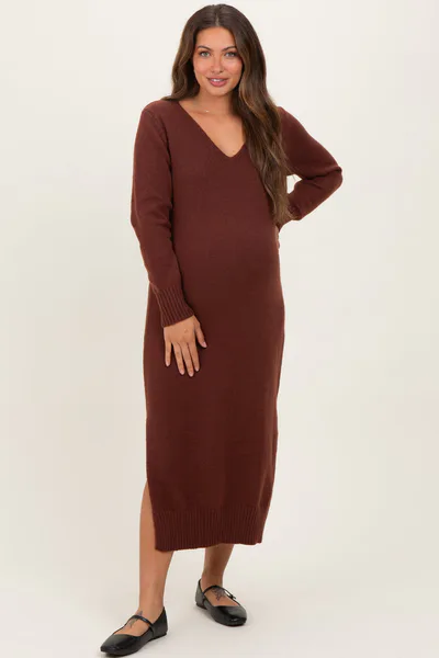 PinkBlush Brown V-Neck Relaxed Fit Maternity Sweater Dress