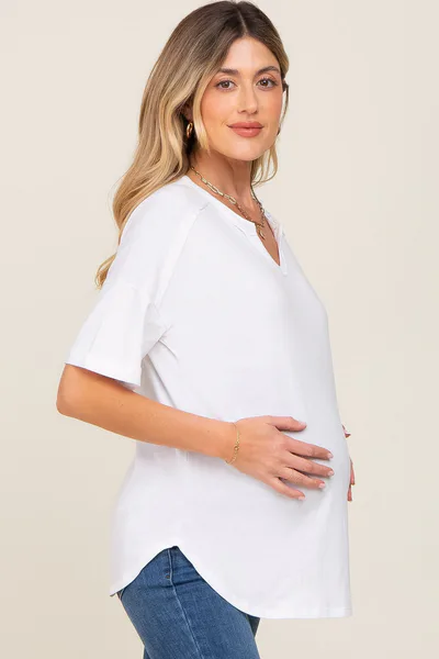 PinkBlush White Oversized V-Neck Cuffed Short Sleeve Maternity Tee