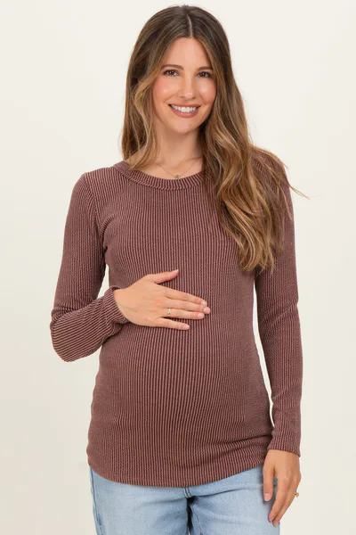 PinkBlush Brown Ribbed Scoop Neck Long Sleeve Maternity Top