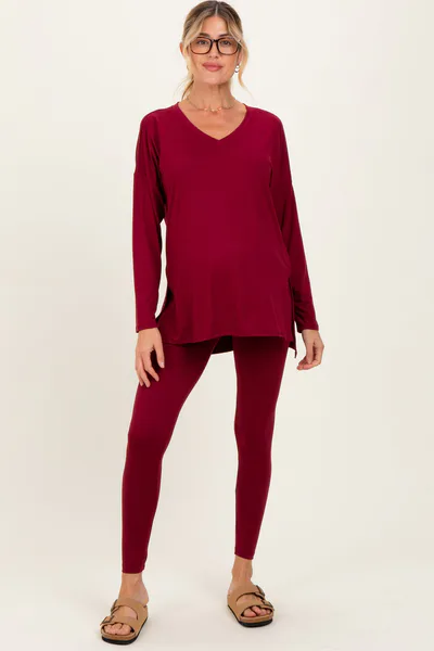 PinkBlush Burgundy Brushed Knit Maternity Oversized Top and Legging Set