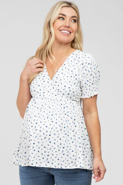 PinkBlush Ivory Ditsy Floral Smocked Sleeve Maternity Wrap Top