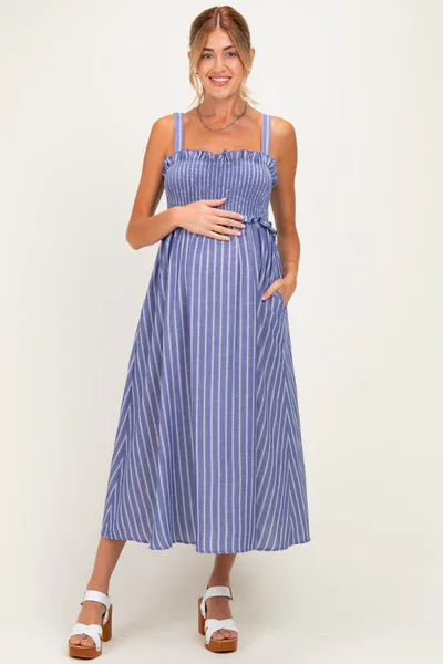 PinkBlush Navy Sleeveless Smocked Striped Maternity Maxi Dress