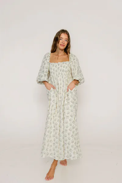 Worth Collective Noa Premium 100% Cotton Maxi Dress in Dusty Blue Floral - Bump Friendly