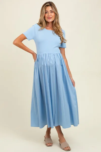 PinkBlush Light Blue Solid Maternity Maxi Dress
