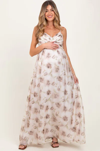 PinkBlush Taupe Multi Floral Print Sleeveless Maternity Maxi Dress