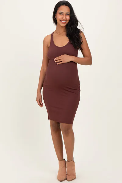 PinkBlush Brown Rib Knit Sleeveless Maternity Dress