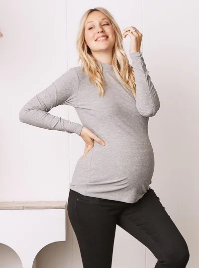 Angel Maternity Winter Ribbed Turtle Neck Maternity Top in Marle Grey