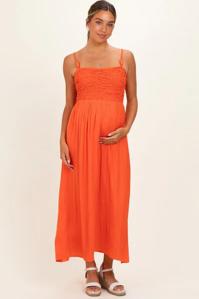 PinkBlush Orange Textured Smocked Maternity Maxi Dress