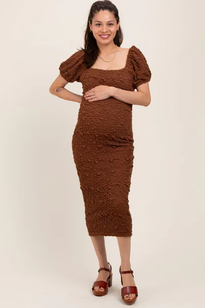 PinkBlush Brown Textured Square Neck Puff Sleeve Maternity Midi Dress