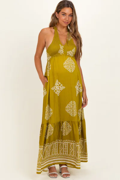 PinkBlush Olive Palm Printed Smocked Halter Maternity Maxi Dress