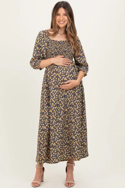 PinkBlush Chestnut Floral Print Smocked Bodice Maternity Maxi Dress