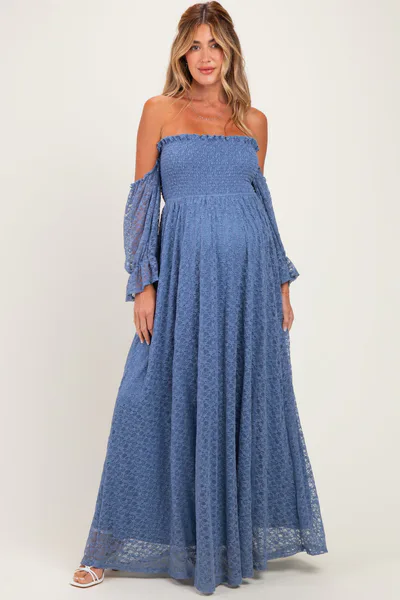 PinkBlush Light Blue Lace Off Shoulder Long Sleeve Maternity Dress