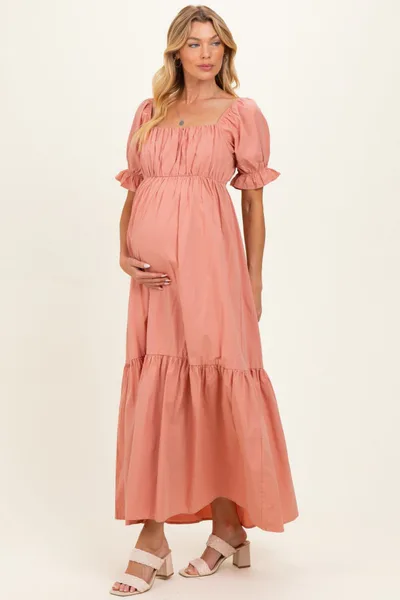 PinkBlush Rose Pink Open Back Ribbon Tie Maternity Maxi Dress