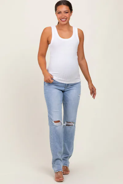 PinkBlush Light Blue Distressed Ripped Knee Straight Leg Maternity Jeans