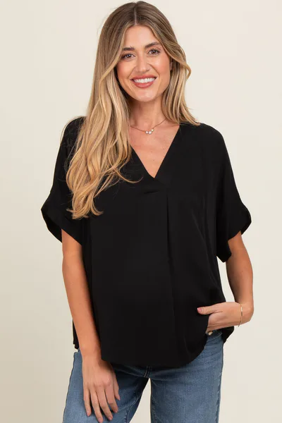 PinkBlush Black V-Neck Pin-Tuck Detail Maternity Top