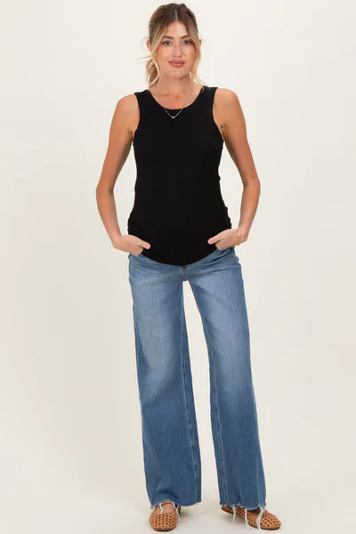 PinkBlush Blue Distressed Hem Wide Flare Maternity Jeans