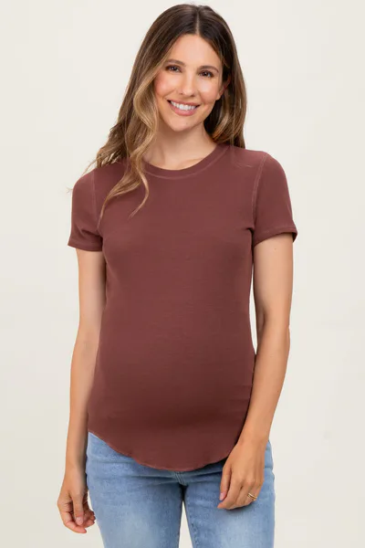 PinkBlush Brown Ribbed Short Sleeve Curved Hem Maternity Top