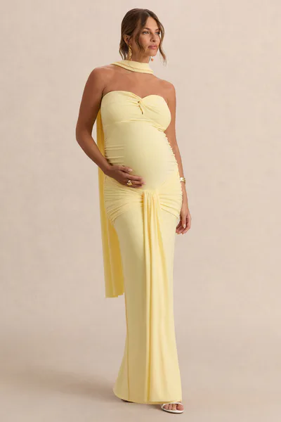 Club L London Faustina | Lemon Bandeau-Neck Maternity Maxi Dress With Scarf Detail And Gathered Detailing