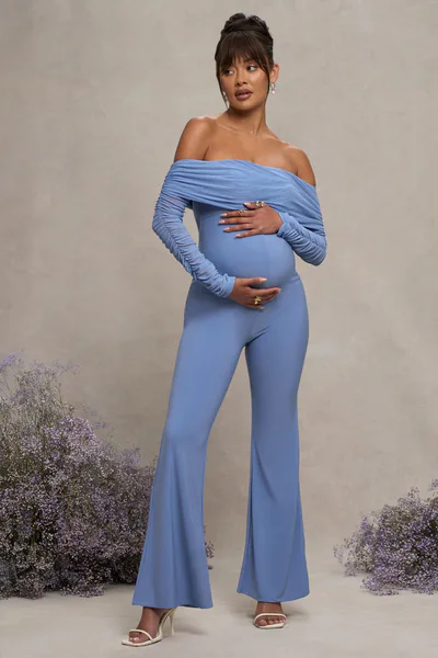Club L London Count Down | Powder Blue Maternity Ruched Mesh Bardot Jumpsuit