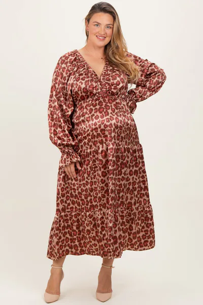 PinkBlush Taupe/Rust Satin Leopard Tiered Side Pocket Plus Maternity Maxi Dress