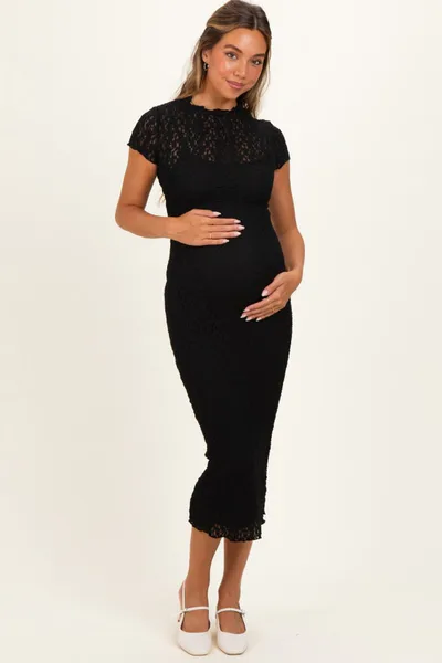 PinkBlush Black Sheer Lace Overlay Short Sleeve Maternity Midi Dress