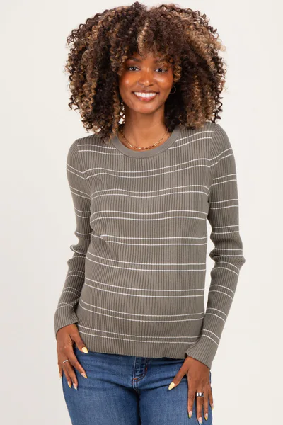 PinkBlush Olive Ribbed Basic Striped Fitted Maternity Sweater