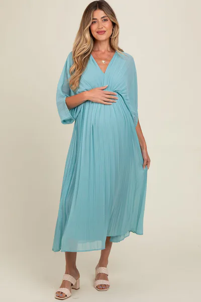 PinkBlush Blue Pleated V Neck Maternity Maxi Dress