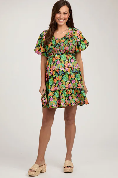 PinkBlush Green Multi-Color Tropical Print Ruffle Hem Maternity Dress