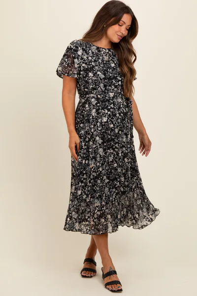 PinkBlush Black Floral Pleated Maternity Midi Dress
