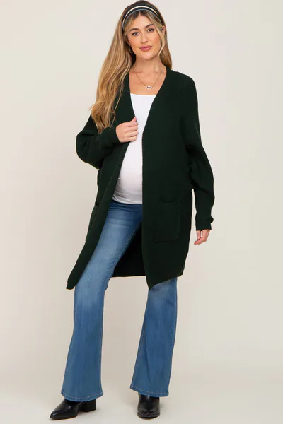 PinkBlush Forest Green Pocketed Knit Maternity Cardigan