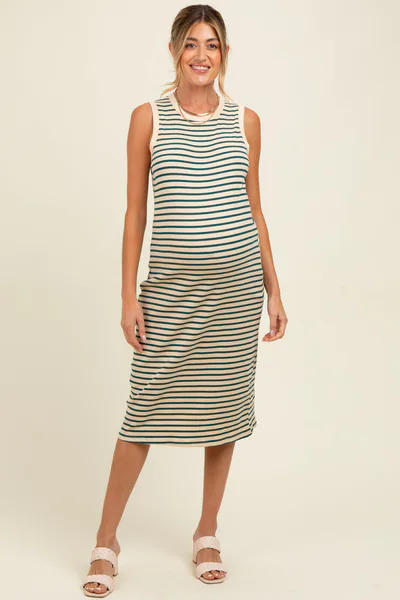 PinkBlush Deep Teal Striped Ribbed Knit Sleeveless Maternity Midi Dress