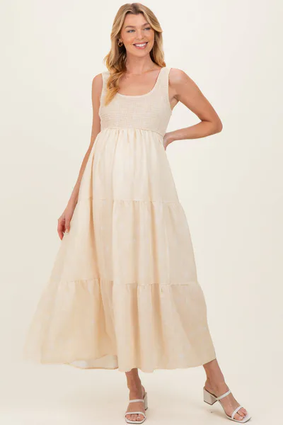 PinkBlush Light Yellow Floral Tiered Maternity Maxi Dress