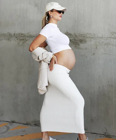 Bump City Luxe Knit Set (Bone): Midi Skirt