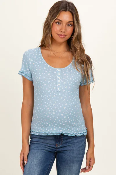 PinkBlush Blue Floral Ruffle Trim Maternity Henley Top