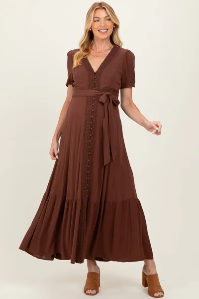 PinkBlush Brown Lace Trim Button Down Maternity Maxi Dress