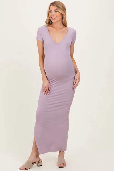 PinkBlush Lavender Basic Ribbed Side Slit Maternity Midi Dress