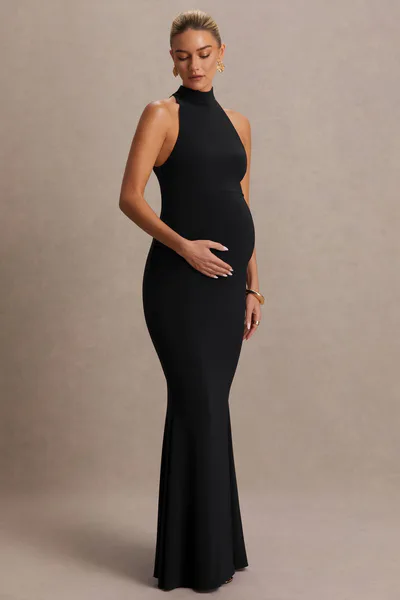 Club L London Kaia | Black Halter-Neck Maternity Dress
