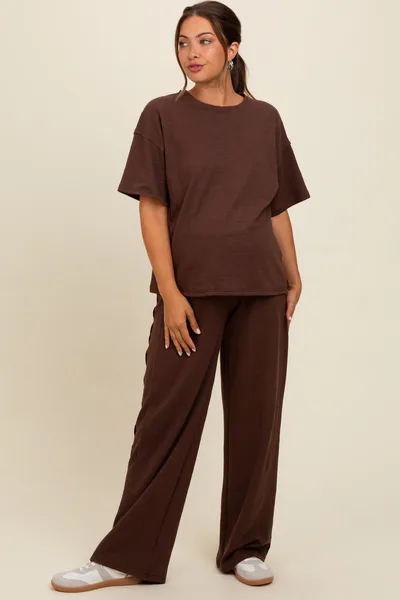 PinkBlush Brown Textured Knit Oversized Tee And Pants Maternity Set