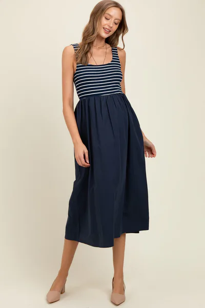 PinkBlush Navy Striped Contrast Sleeveless Maternity Midi Dress