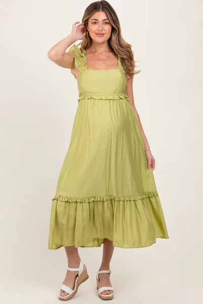 PinkBlush Lime Ruffle Strap Square Neck Maternity Midi Dress