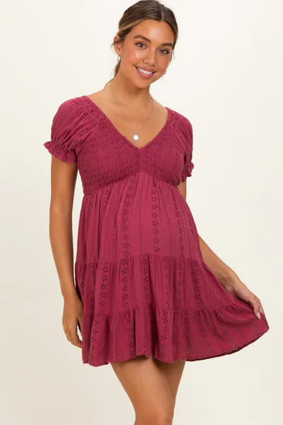 PinkBlush Dried Rose Smocked Eyelet Lace Maternity Mini Dress