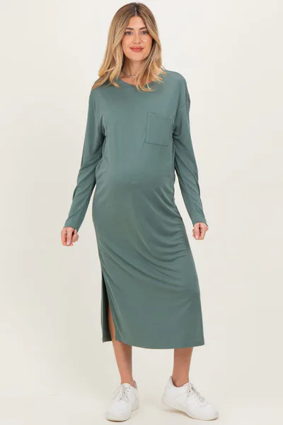 PinkBlush Light Olive Oversized Long Sleeve Maternity Midi Dress