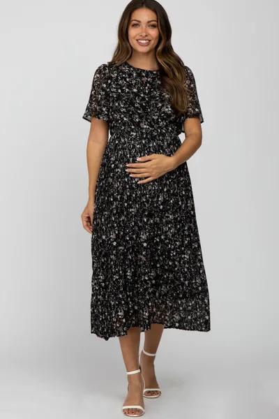 PinkBlush Black Floral Pleated Short Sleeve Chiffon Maternity Midi Dress