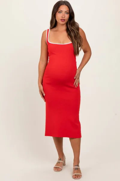 PinkBlush Red Knit Contrast Trim Square Neck Maternity Midi Dress
