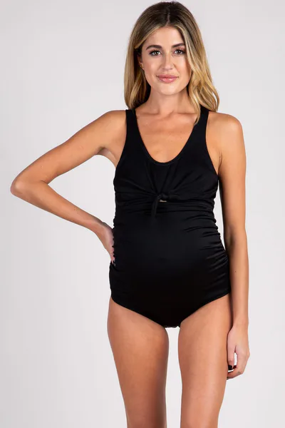 PinkBlush PinkBlush Black Ribbed Front Knot One-Piece Maternity Swimsuit