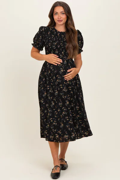 PinkBlush Black Floral Smocked Maternity Midi Dress