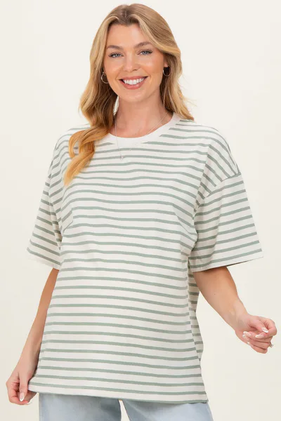 PinkBlush Sage Striped Short Sleeve Crew Neck Oversized Cotton Maternity Top