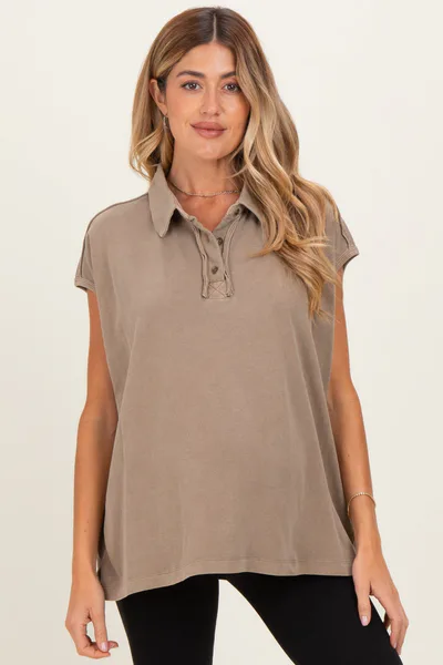 PinkBlush Mocha Pigment Dye Sleeveless Polo Oversized Maternity Top