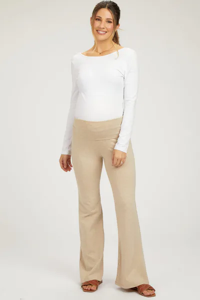 PinkBlush Beige Heathered Flare Leg Fold Over Maternity Leggings